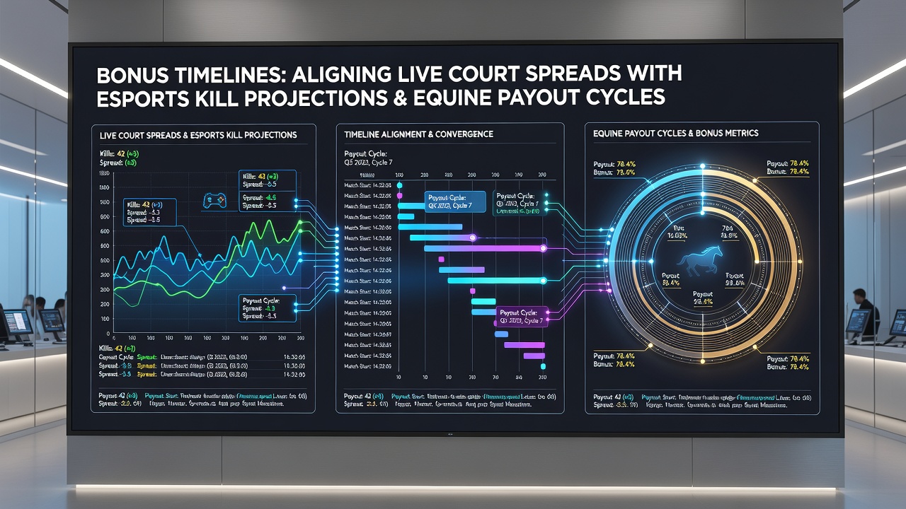 Visualisierung der Datenflüsse zwischen Esports-Kill-Projektionen, equinen Auszahlungszyklen und Live-Court-Spreads über Bonus-Timelines hinweg