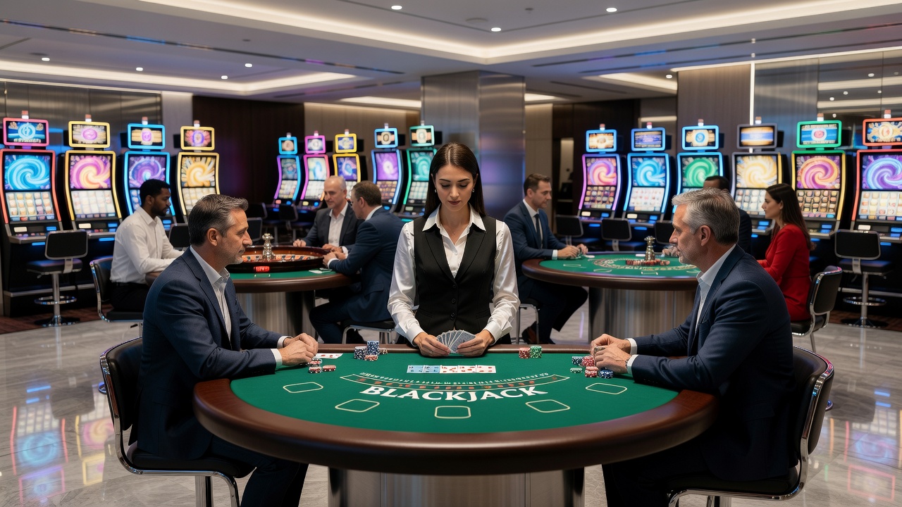 Online-Casino-Interface mit Slots und Live-Dealer-Tischen auf einem digitalen Bildschirm