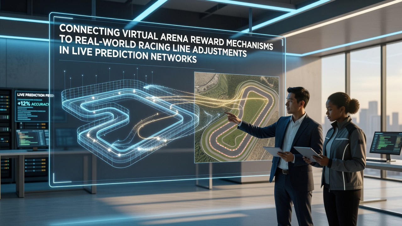 Darstellung der Datenverbindungen zwischen virtuellen Arena-Belohnungen und realen Rennlinienanpassungen in prädiktiven Netzwerken