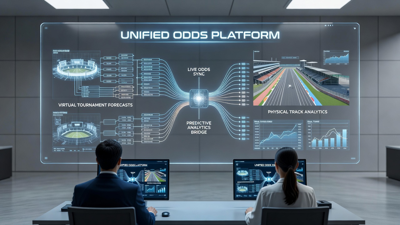 Darstellung der Datenflüsse zwischen virtuellen Turnierprognosen und physischen Track-Analytics auf einer zentralen Plattform