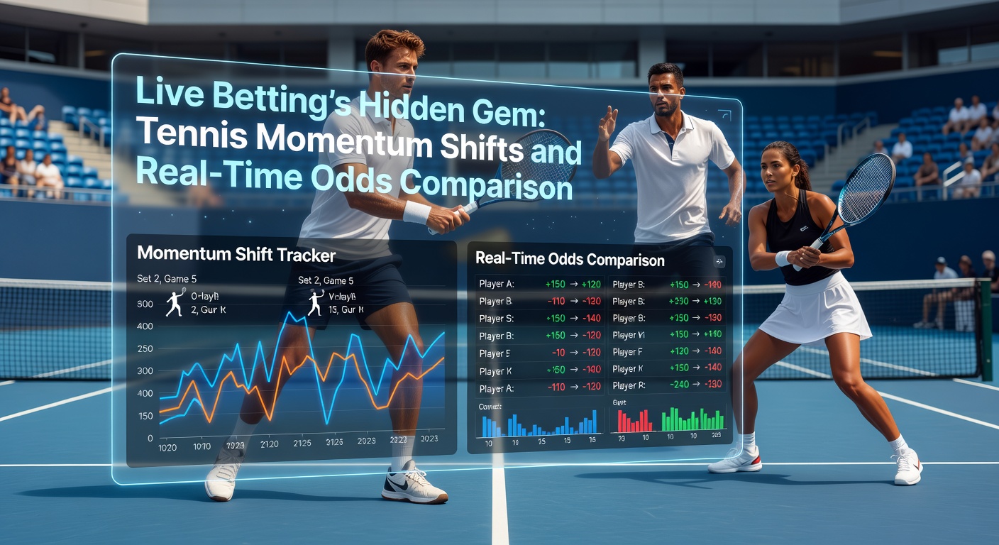 Tennisspieler in einem intensiven Momentum-Moment während eines Live-Matches, mit dynamischen Quotenänderungen im Hintergrund