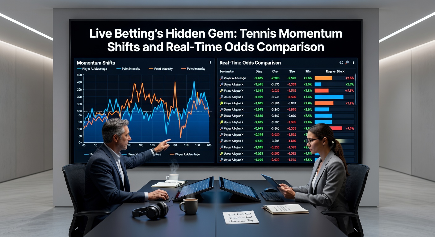 Grafik mit Live-Quotenverlauf während eines Tennis-Momentum-Shifts, zeigt steile Kurven und Vergleichslinien mehrerer Buchmacher