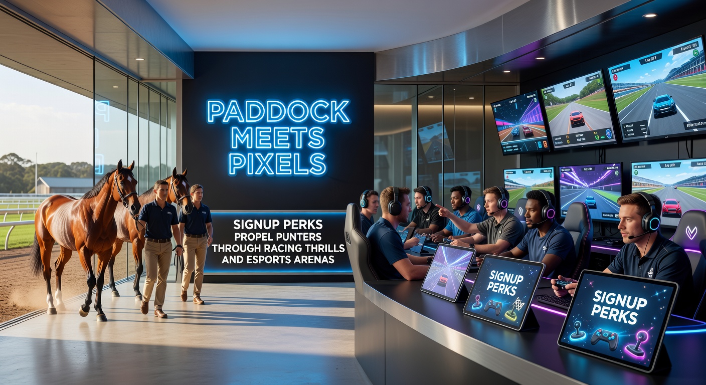 Ein dynamisches Bild, das ein Pferderennen mit digitalen Esports-Elementen kombiniert, symbolisiert den Übergang von traditionellem Paddock zu pixelbasierten Arenen