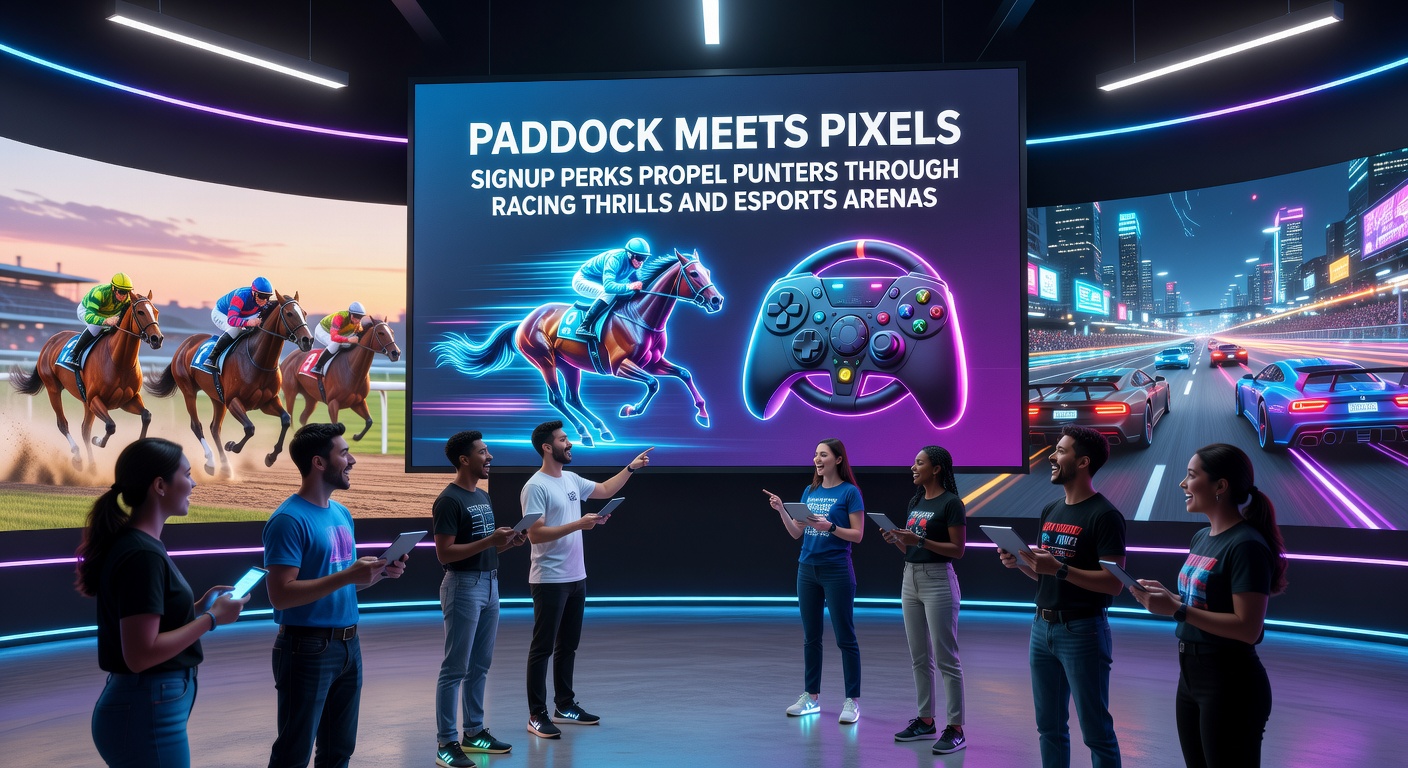 Szene aus einem Esports-Turnier mit neonbeleuchteten Bildschirmen und einem Rennpferd im Vordergrund, illustriert die Verschmelzung von Paddock und Pixel