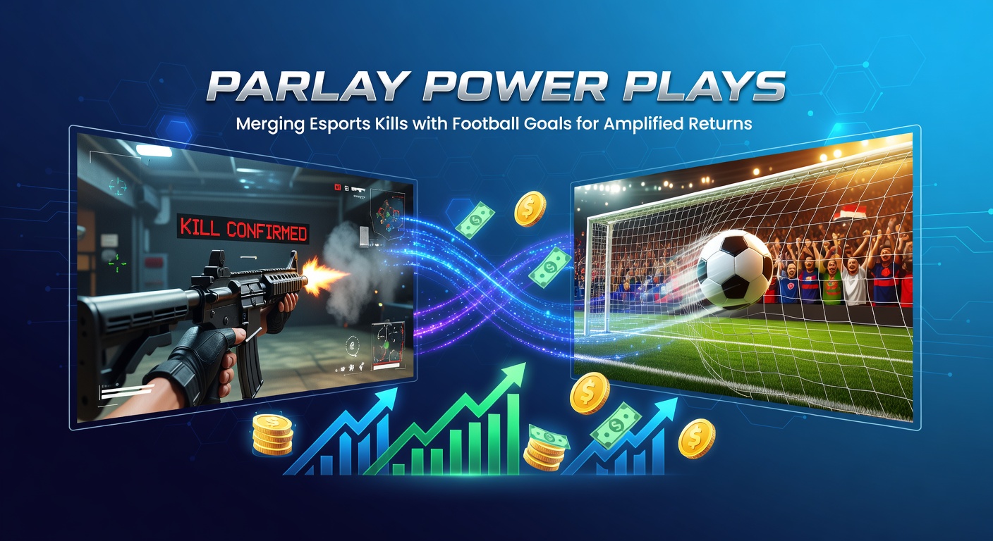 Dynamische Szene mit Esports-Spielern und Fußballtoren, die Parlay-Wetten illustrieren