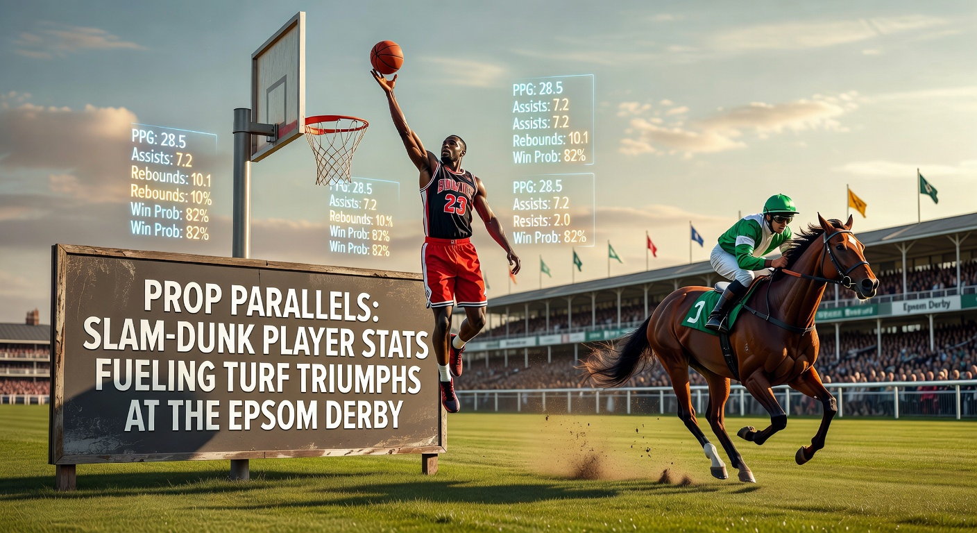 Dramatisches Bild eines Basketball-Spielers beim Slam-Dunk neben galoppierenden Rennpferden auf der Epsom-Rennbahn, das Parallelen zwischen Prop-Wetten in beiden Sportarten symbolisiert