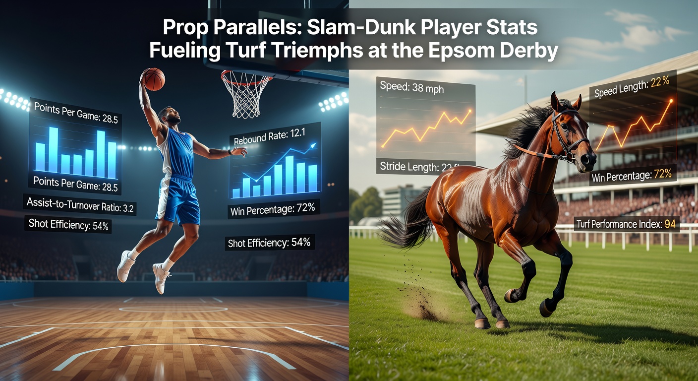 Epsom Derby-Szene mit siegreichem Pferd im Finish-Sprint, untermalt von NBA-Statistik-Overlays, die Prop-Parallelen visualisieren