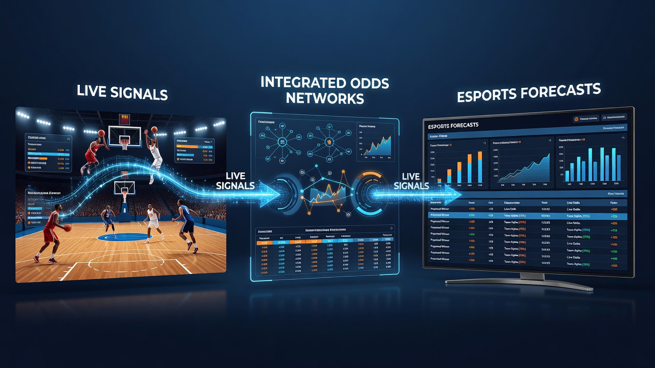Diagramm der Datenflüsse zwischen Basketball und Esports über Quotennetzwerke